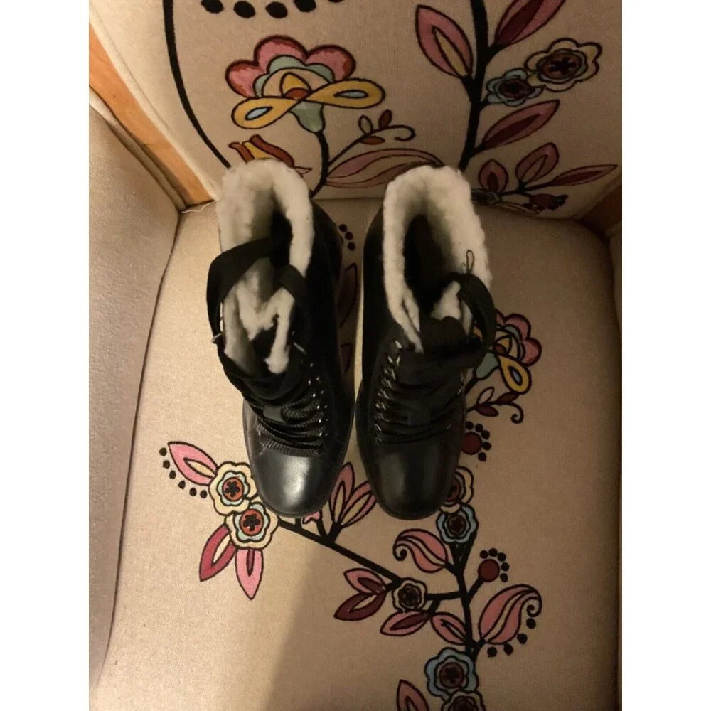 Schultz Zhara Black Lace Sherpa Stacked Lug Leather Boots 7 NEW $250 Moto Boho